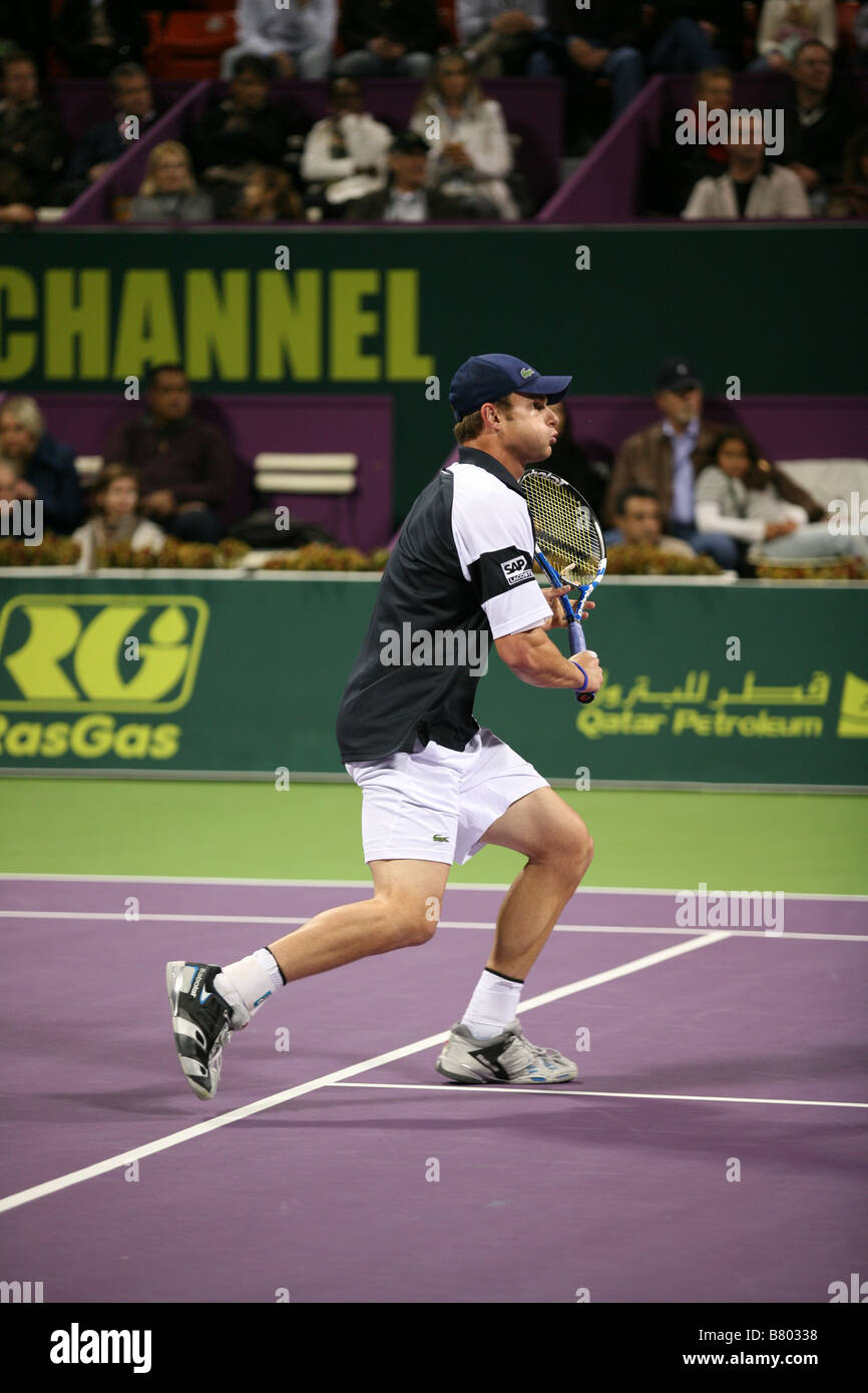 American Andy Roddick in the final of the Qatar ExxonMobil Open tournament 2009 which he lost to Briton Andy Murray Stock Photo