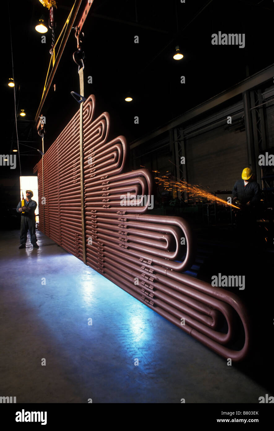 Boiler heating pipes. Pipe bending plant, Vancouver, BC, Canada Stock