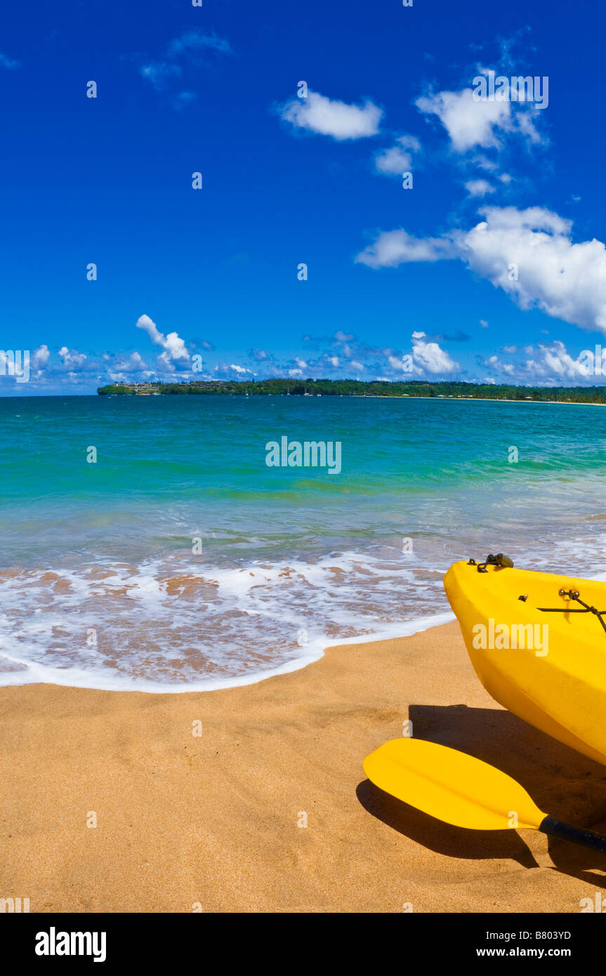 Kayak and paddle on beach on Hanalei Bay Island of Kauai Hawaii Stock