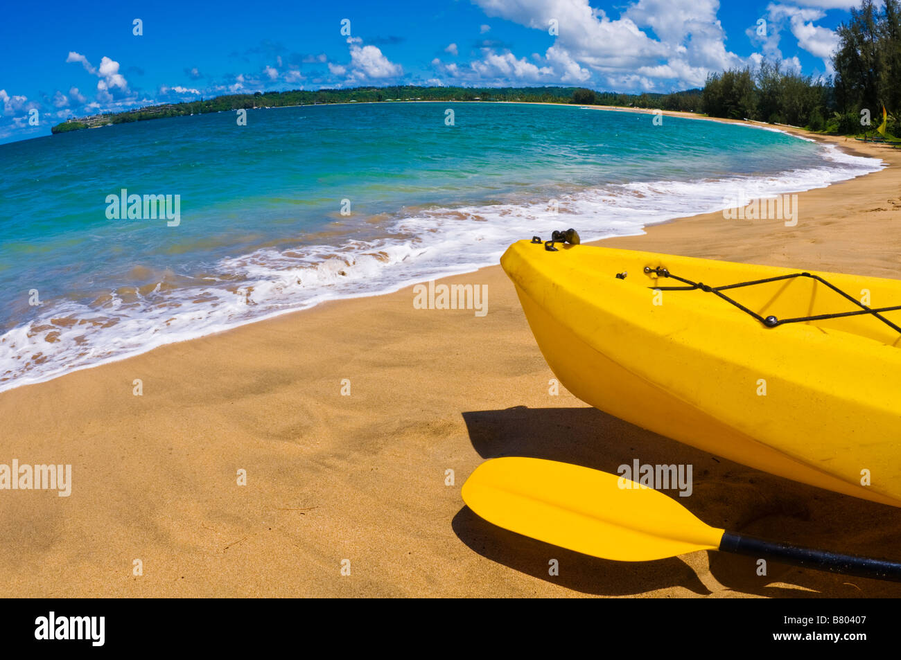 Kayak and paddle on beach on Hanalei Bay Island of Kauai Hawaii Stock