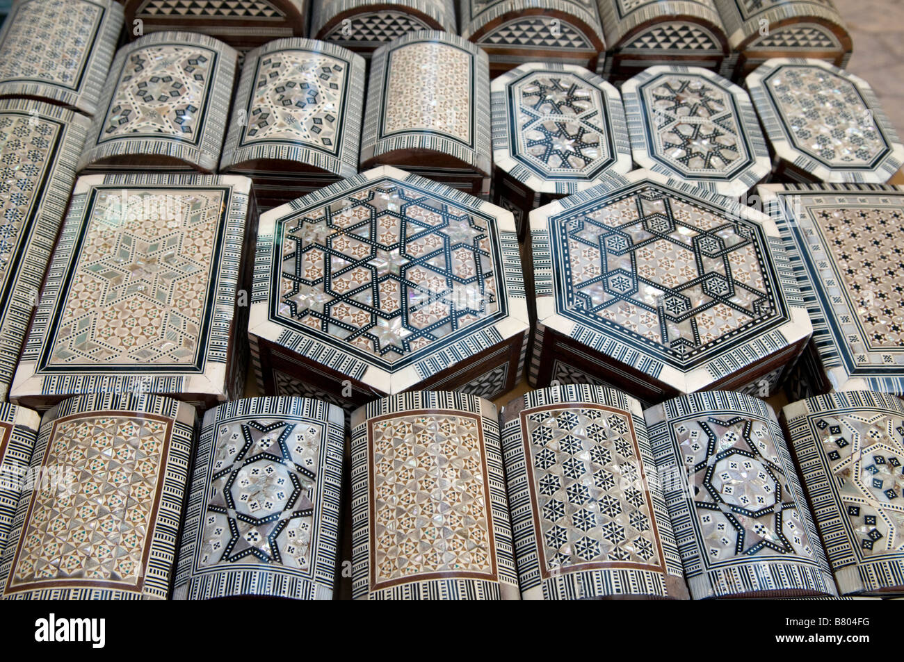 Handcrafted Mother of Pearl Inlaid Jewelry wooden boxes for sale in Khan el-Khalili a major souk in the historic center of Islamic Cairo Egypt Stock Photo