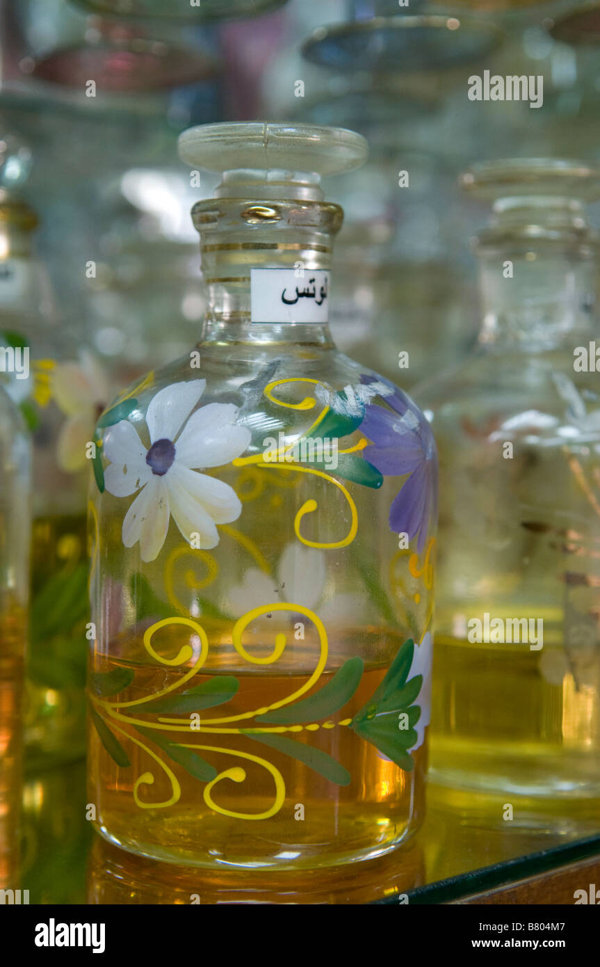 Hand painted glass bottles inspired by vintage pharmacy bottles filled with perfume for sale in a souvenir shop Egypt Stock Photo