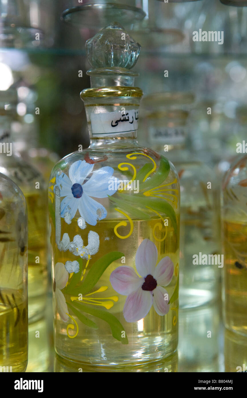 Hand painted glass bottles inspired by vintage pharmacy bottles filled with perfume for sale in a souvenir shop Egypt Stock Photo