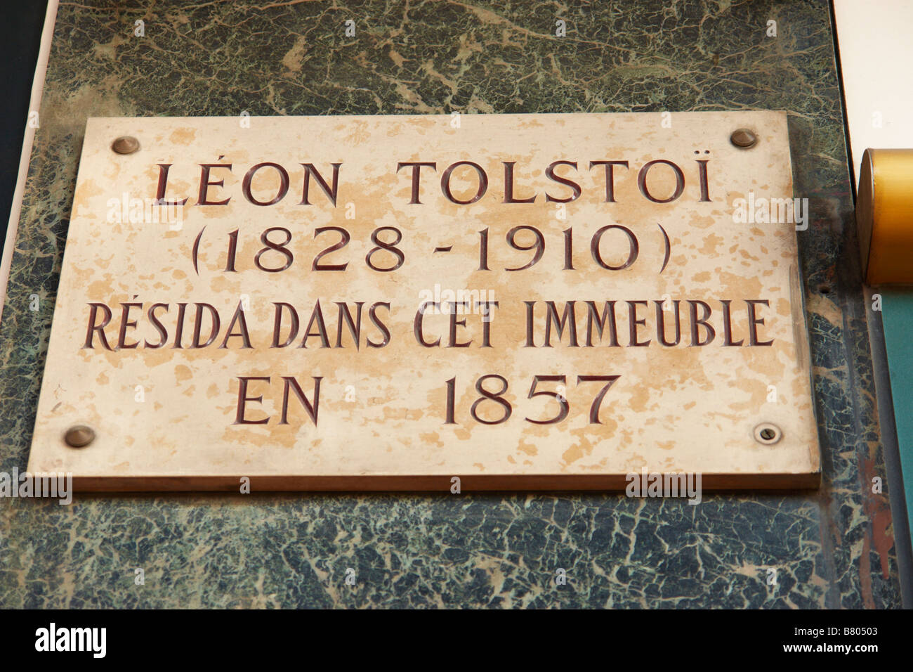 Plaque in Rue de Rivoli denoting the former residence of Leo Tolstoy Paris France Stock Photo