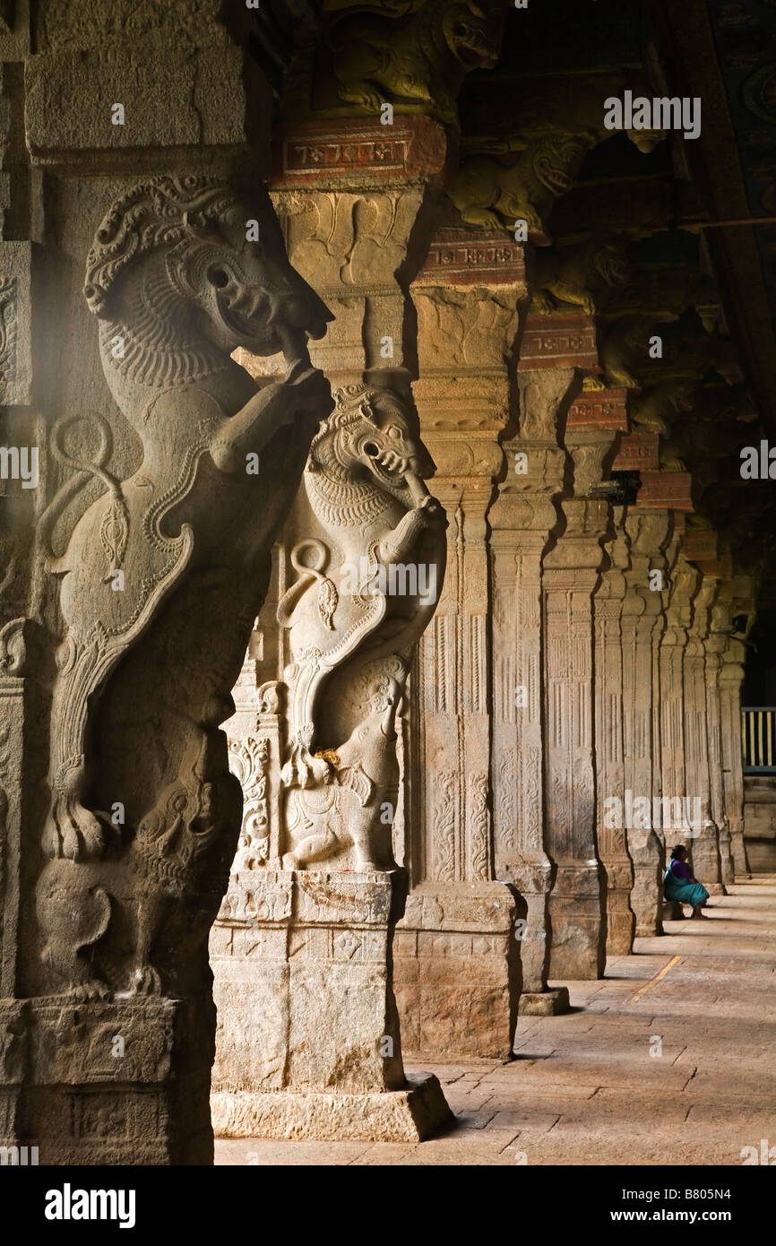 Row of ancient pillars inside the Shree Meenaskshi Temple in Madurai in Tamil Nadu India Stock