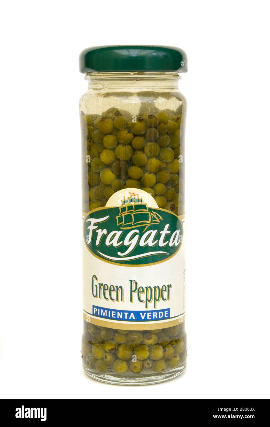 Glass Jar of Fragata Green Pepper Pimienta Verde Stock Photo