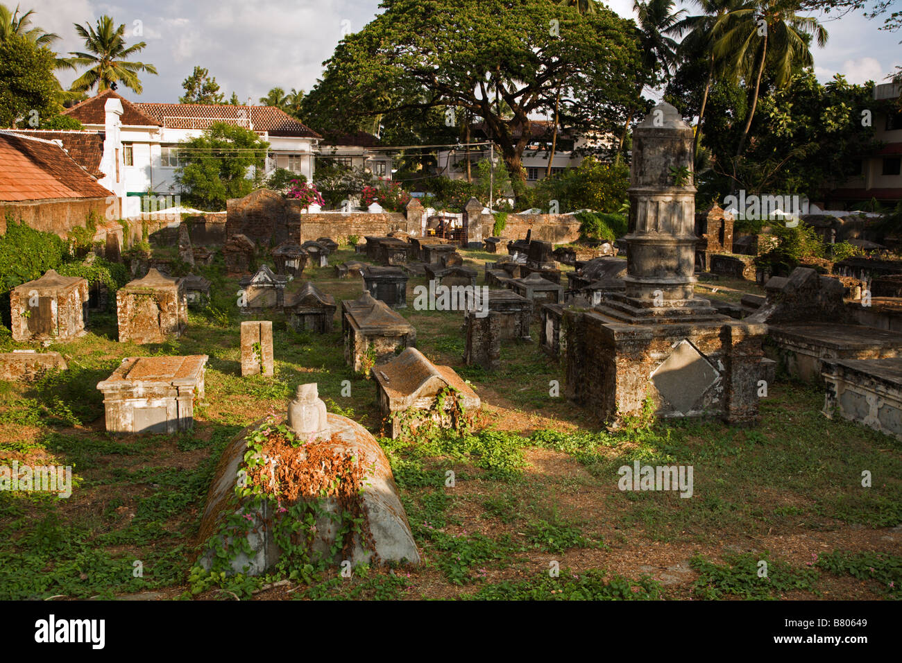 The Dutch Cemetery in Fort Cochin consecrated in 1724 has graves of many Europeans Stock Photo
