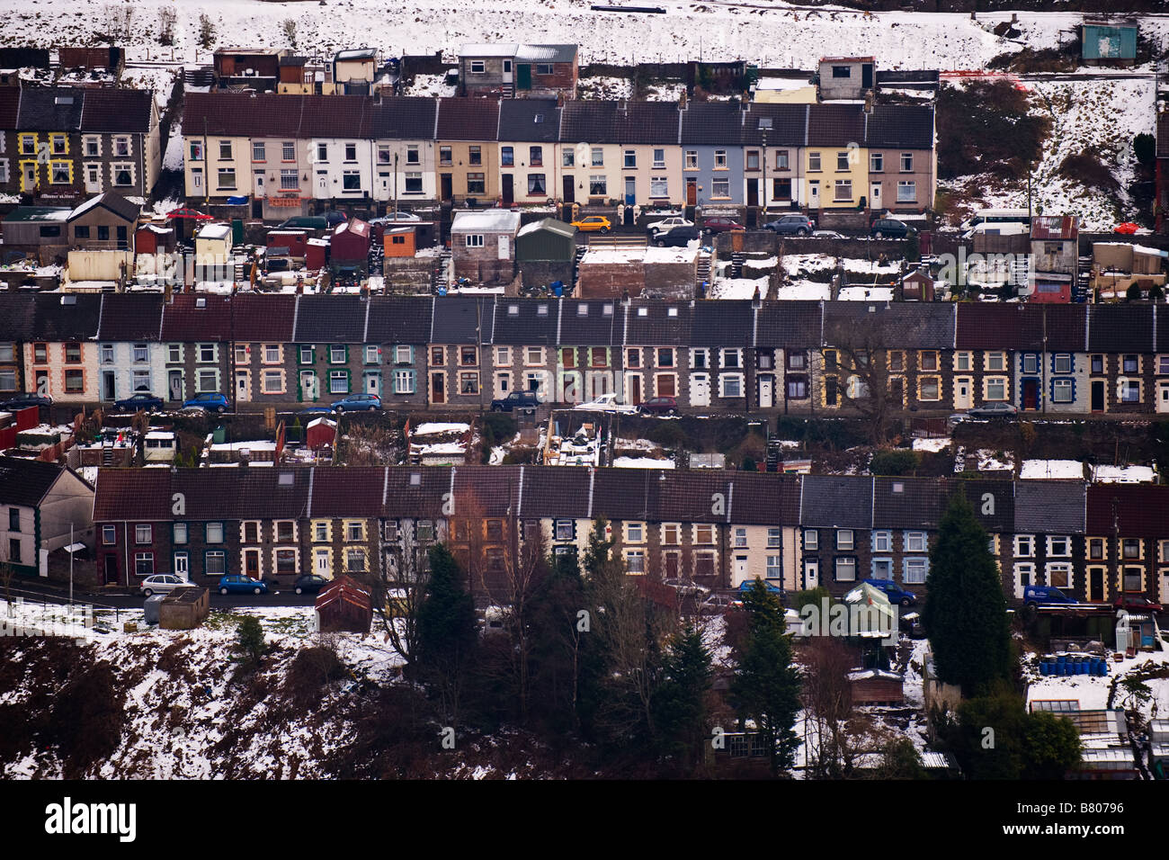 Terraced housing in the Rhondda Valleys in Wales. Stock Photo