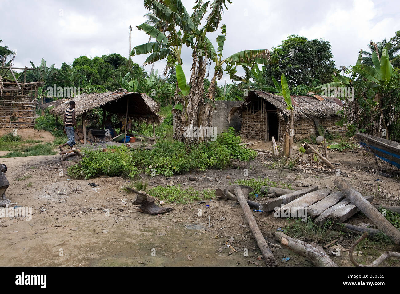 A pile of scrap wood lay on the ground in front of wattle and daub houses in a remote stormy jungle village of Nigeria Stock Photo