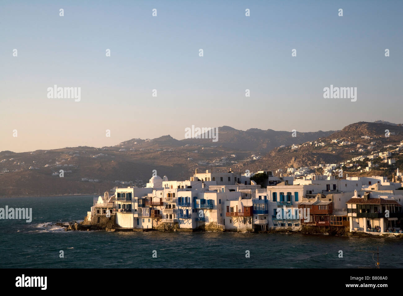 Mykonos, Harbour, Venetian architecture, Cafe, Taverna,  Sunset, Beautiful, Greek, Greece, Culture, Travel, Sunny, Holiday, sun Stock Photo