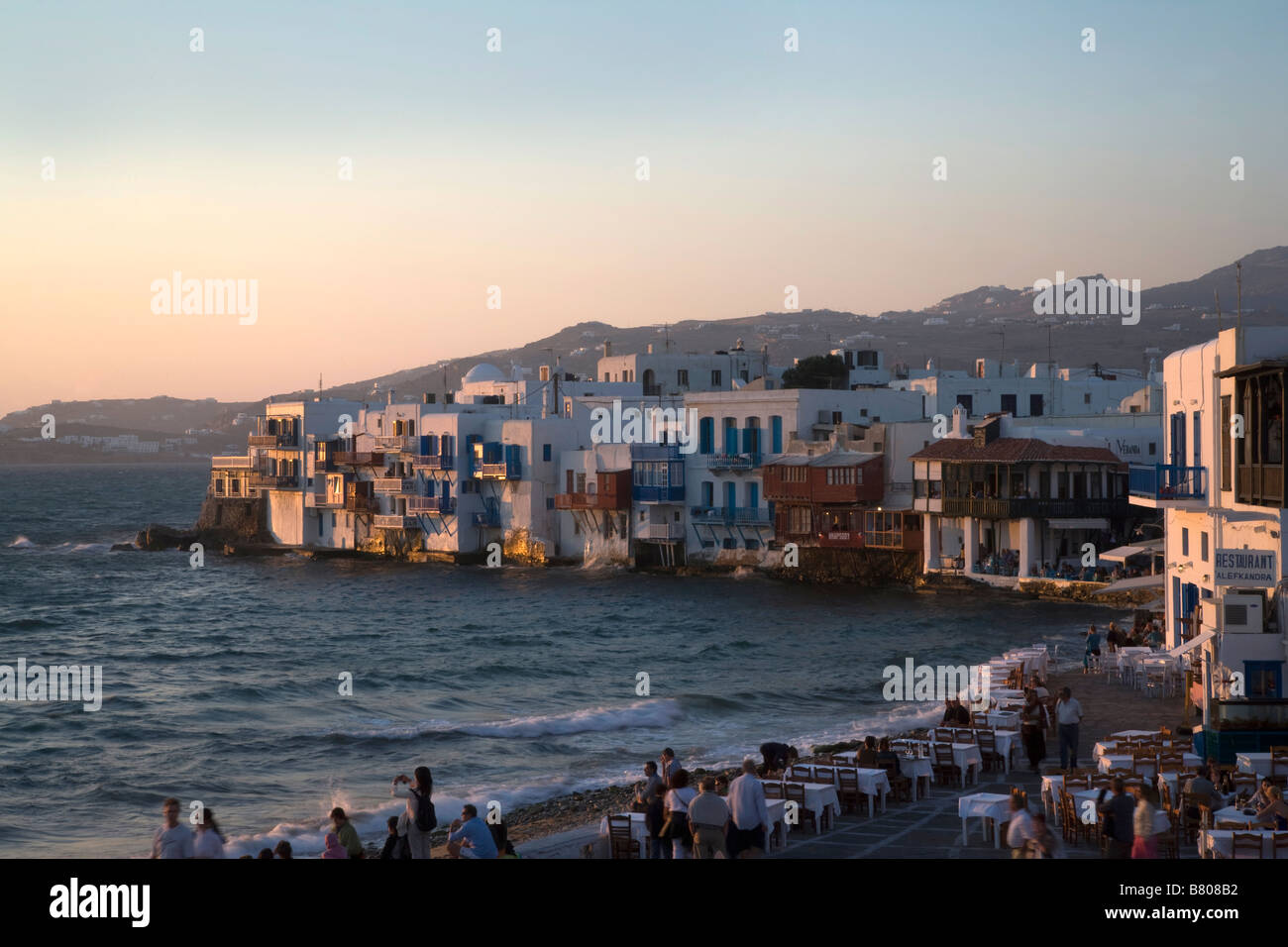 Mykonos, Harbour, Venetian architecture, Cafe, Taverna,  Sunset, Beautiful, Greek, Greece, Culture, Travel, Sunny, Holiday, sun Stock Photo