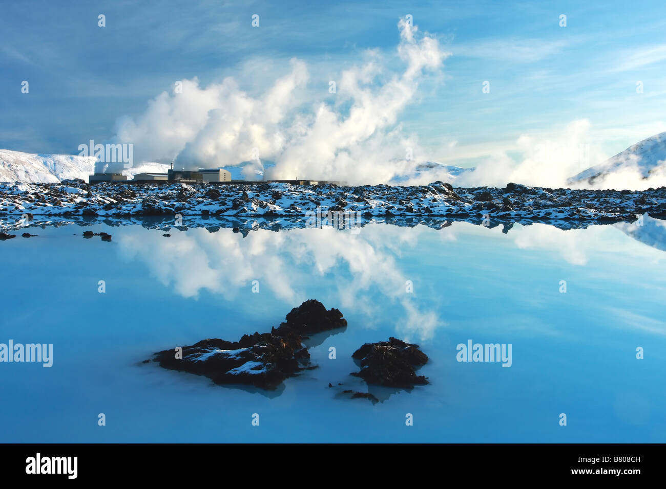 The geothermal powerstation at the Blue lagoon Iceland taken in winter on a beuatiful calm day Very serene landscape Stock Photo