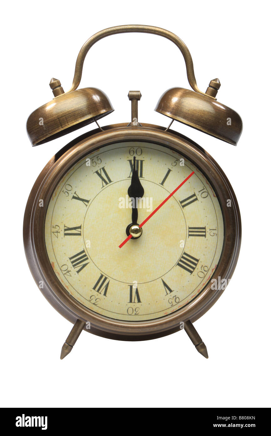 Old fashioned alarm clock isolated on white Stock Photo Alamy