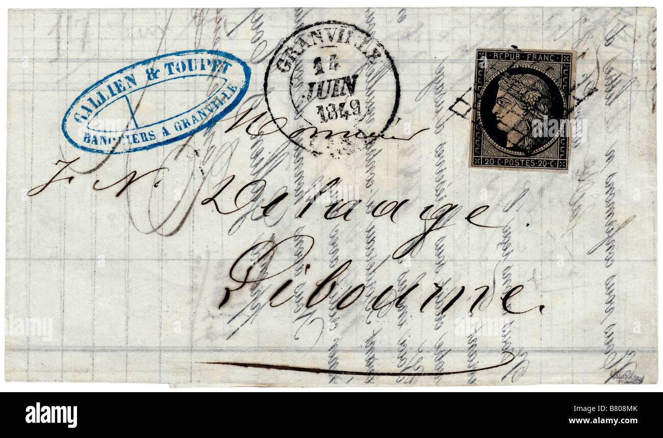 Folded letter sheet with first French postage stamp - 20c Ceres - posted 1849 from Granville to Libourne. Stock Photo