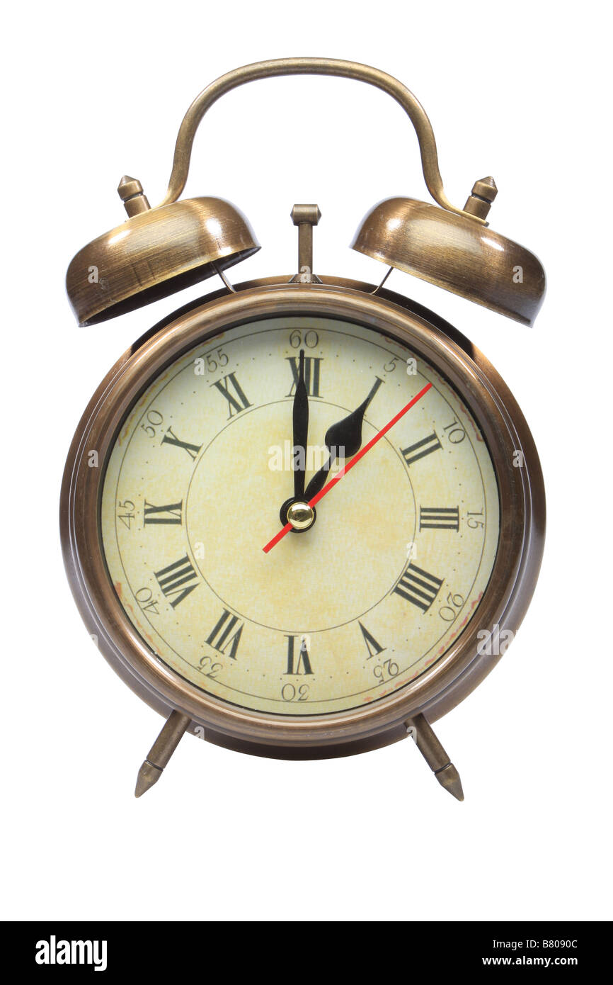 Old fashioned alarm clock isolated on white Stock Photo Alamy
