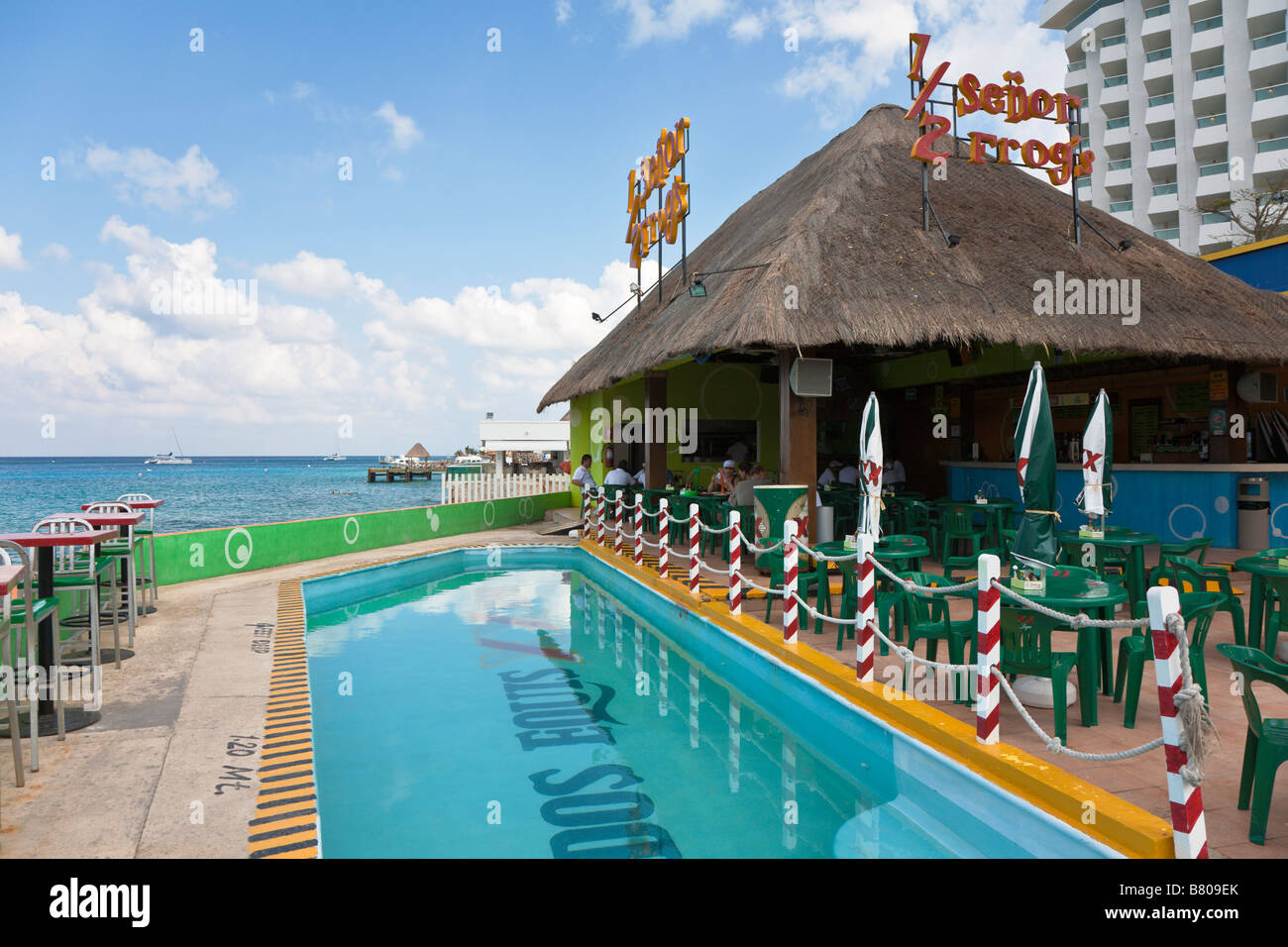 Dockside bar at cruise ship pier in Cozumel, Mexico Stock Photo