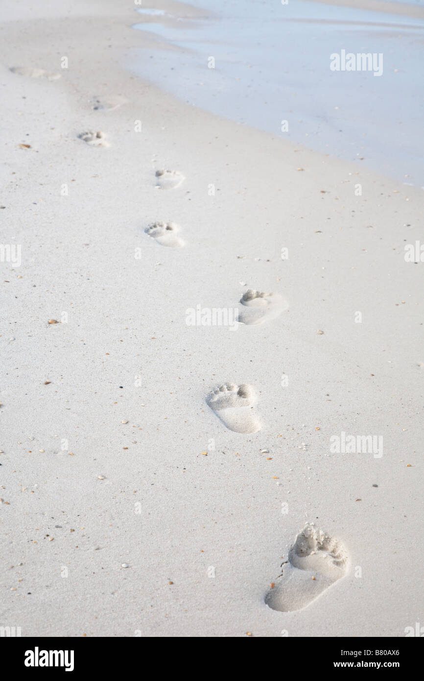 Footprints at along secluded white sand beach at St Joseph Peninsula State Park in Port St Joe Florida Stock Photo