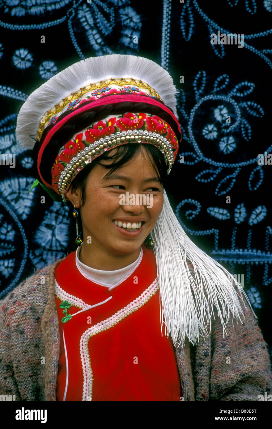 1, one, Chinese woman, Bai woman, Bai people, Bai ethnicity, ethnic minority, woman, head and shoulders portrait, Dali, Yunnan Province, China, Asia Stock Photo