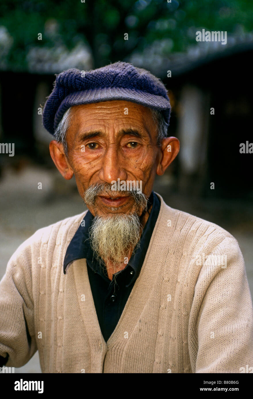 1, one, Chinese man, Bai man, ethnic minority, old man, eye contact, front view, headshot, head shot, portrait, Shaping, Yunnan Province, China Stock Photo
