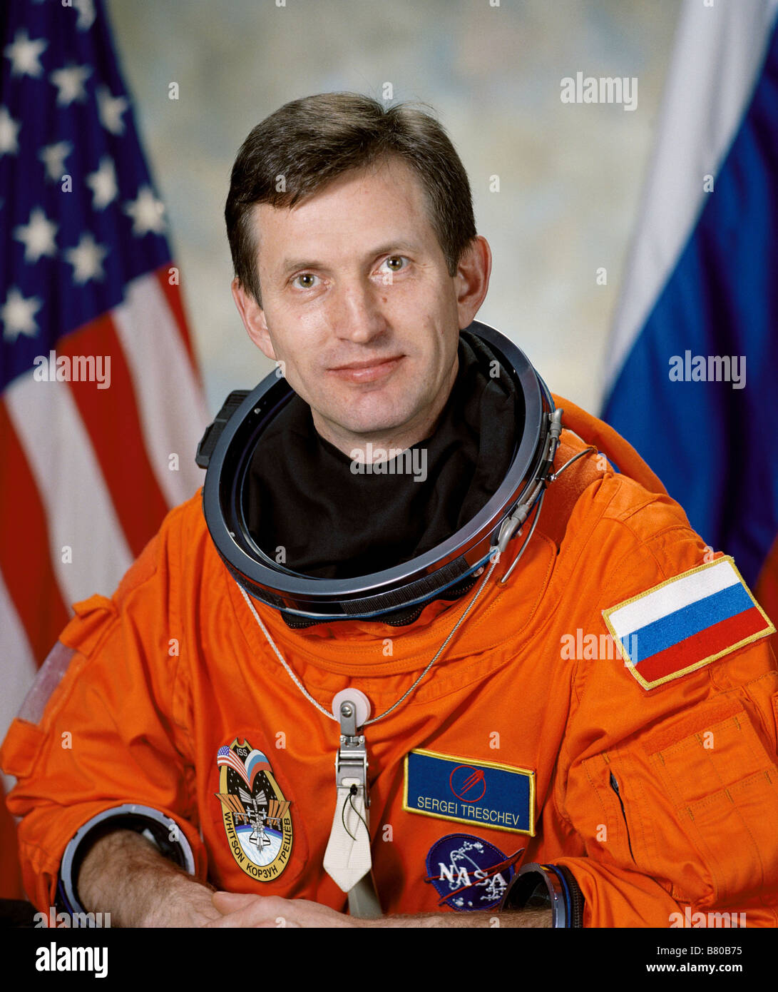 Official Portrait of Cosmonaut Sergei Y. Treschev, Expedition Five flight engineer representing Rosaviakosmos Stock Photo