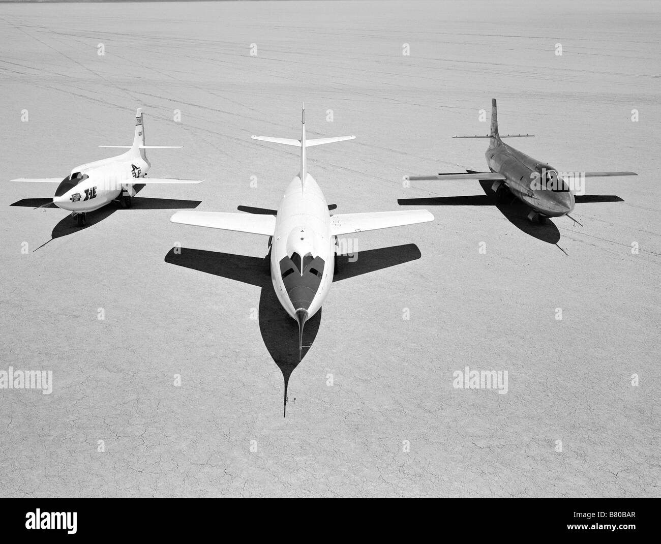 Early NACA research aircraft on the lakebed at the High Speed Research Station in 1955: Left to right: X-1E, D-558-II, X-1B Stock Photo