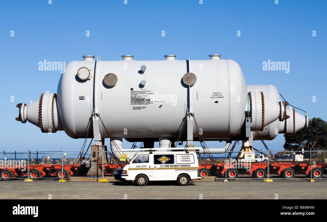 Two shell and tube heat exchanger pressure vessels waiting for transport to their destination at a Liquified Natural Gas Project Stock Photo