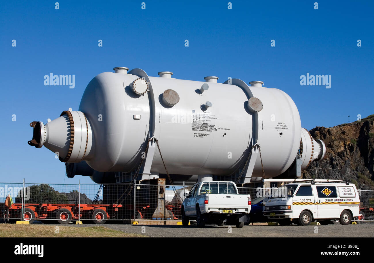 Heat exchanger pressure vessels waiting for transport to their destination at a Liquified Natural Gas Project Stock Photo