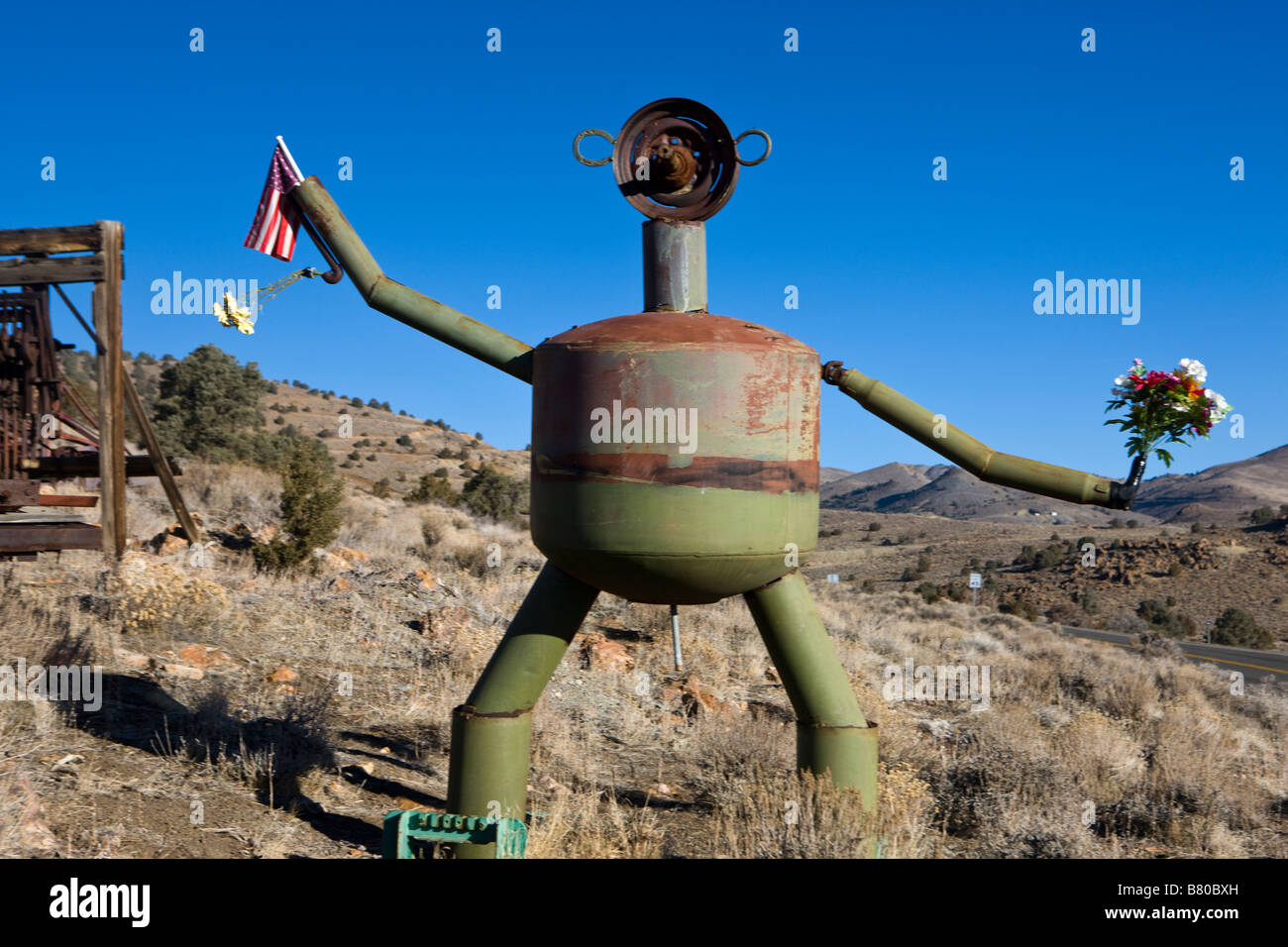 Rusted sculptures made from automobile parts along a hill side south of Virginia City Nevada Stock Photo
