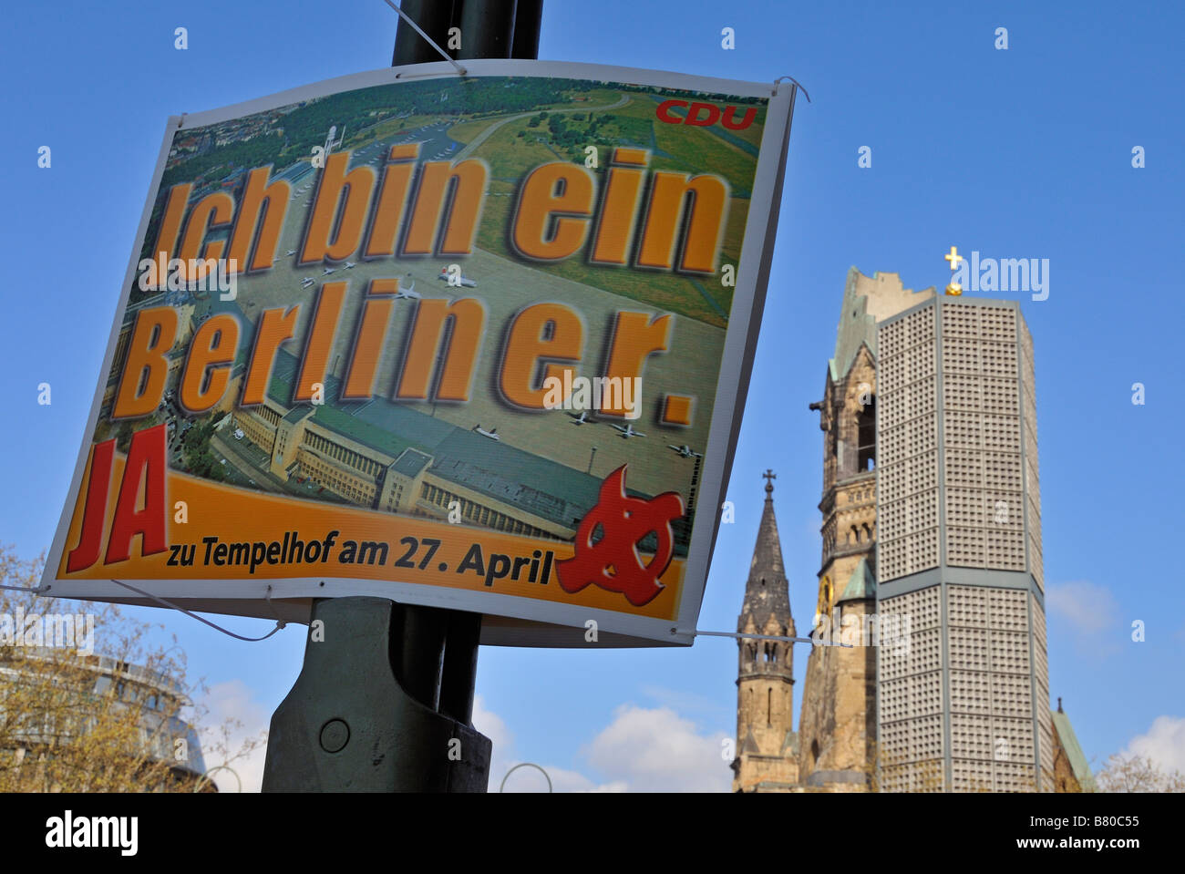 Poster "Ich bin ein Berliner", in the background the Kaiser Wilhelm Memorial Church, Berlin