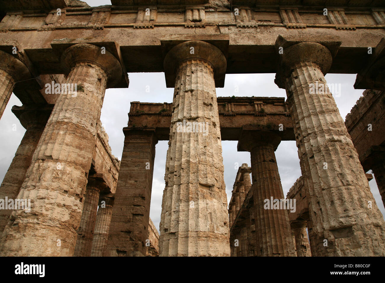 Doric temple of Hera from about 450 BC, formerly incorrectly attributed as the Temple of Poseidon or Apollo, in Paestum, Italy. Stock Photo