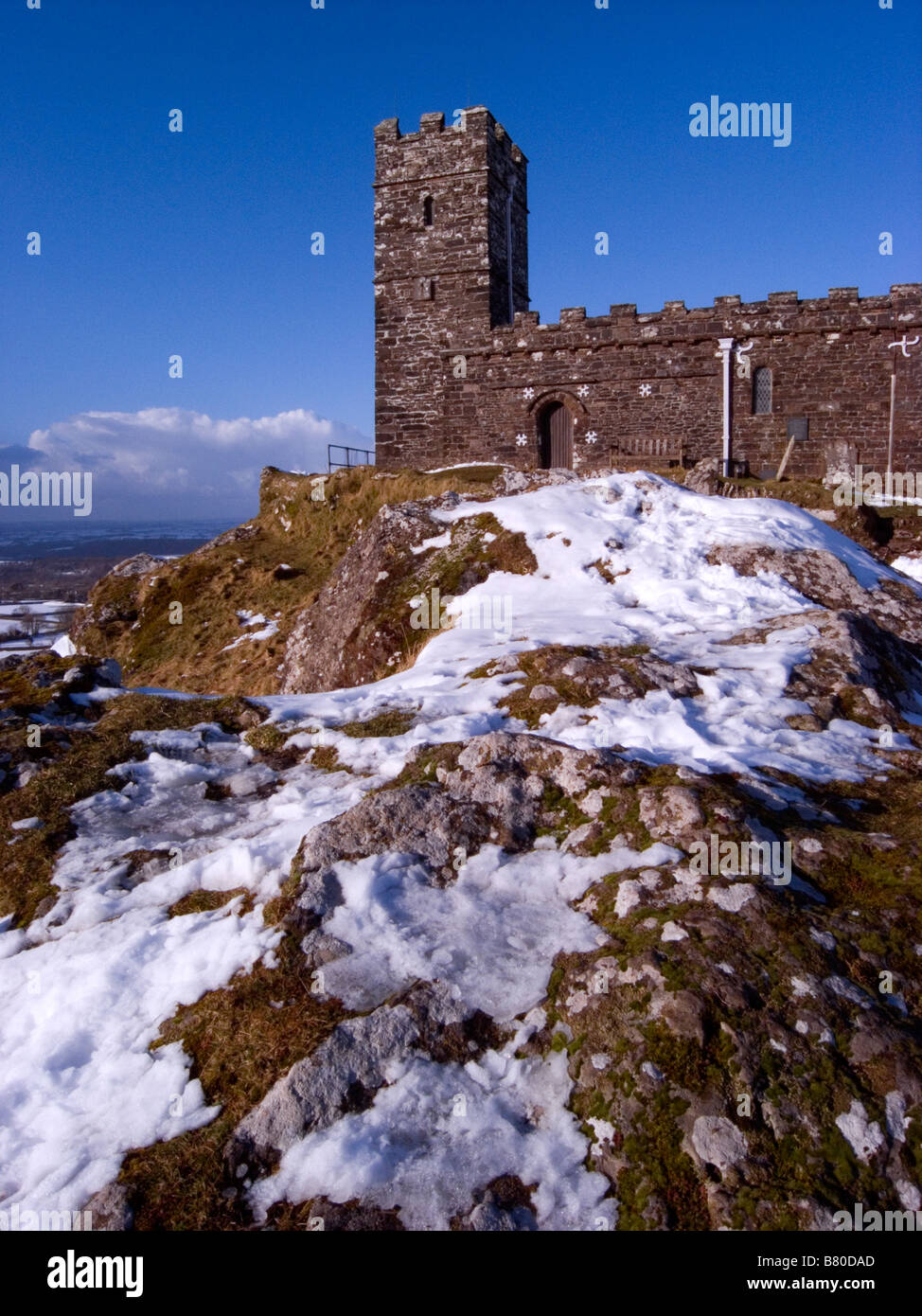 St Michaels Church on Brentor in the winter snow in February 2009 Stock Photo