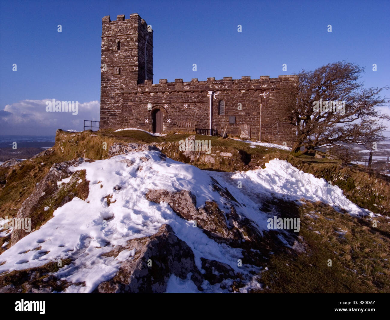 St Michaels Church on Brentor in the winter snow in February 2009 Stock Photo