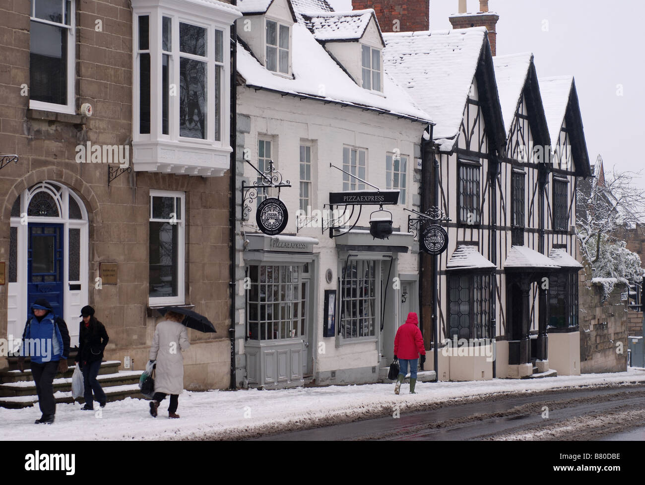 Jury Street with snow, Warwick, Warwickshire, England, UK Stock Photo