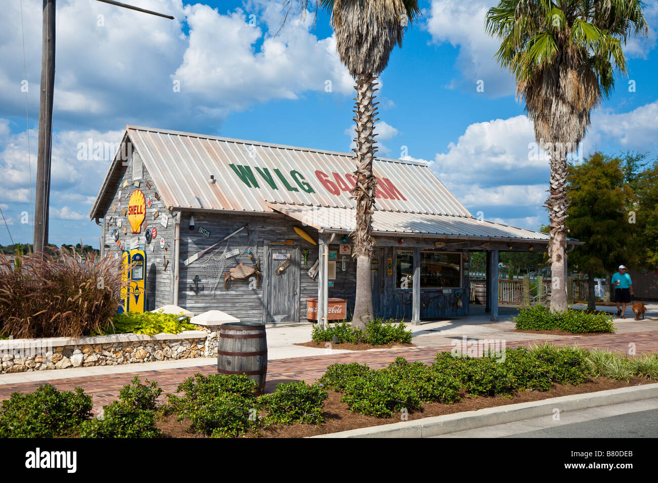 Building in The Villages retirement community in Central Florida decorated with antique petrol fuel pump and memorabilia Stock Photo