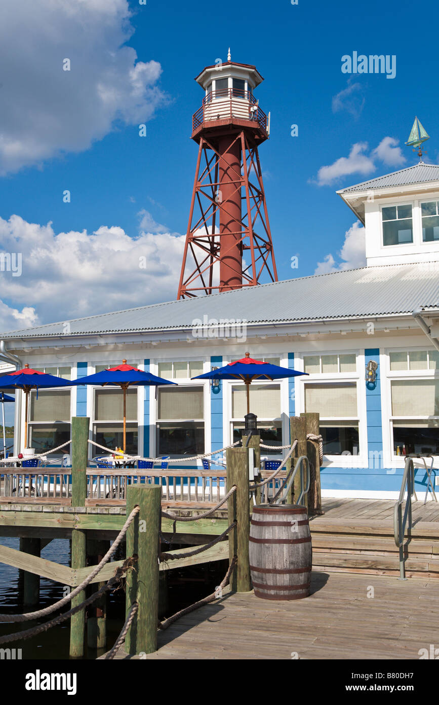Replica of lighthouse next to seafood restaurant in The Villages retirement community in Central Florida, USA Stock Photo