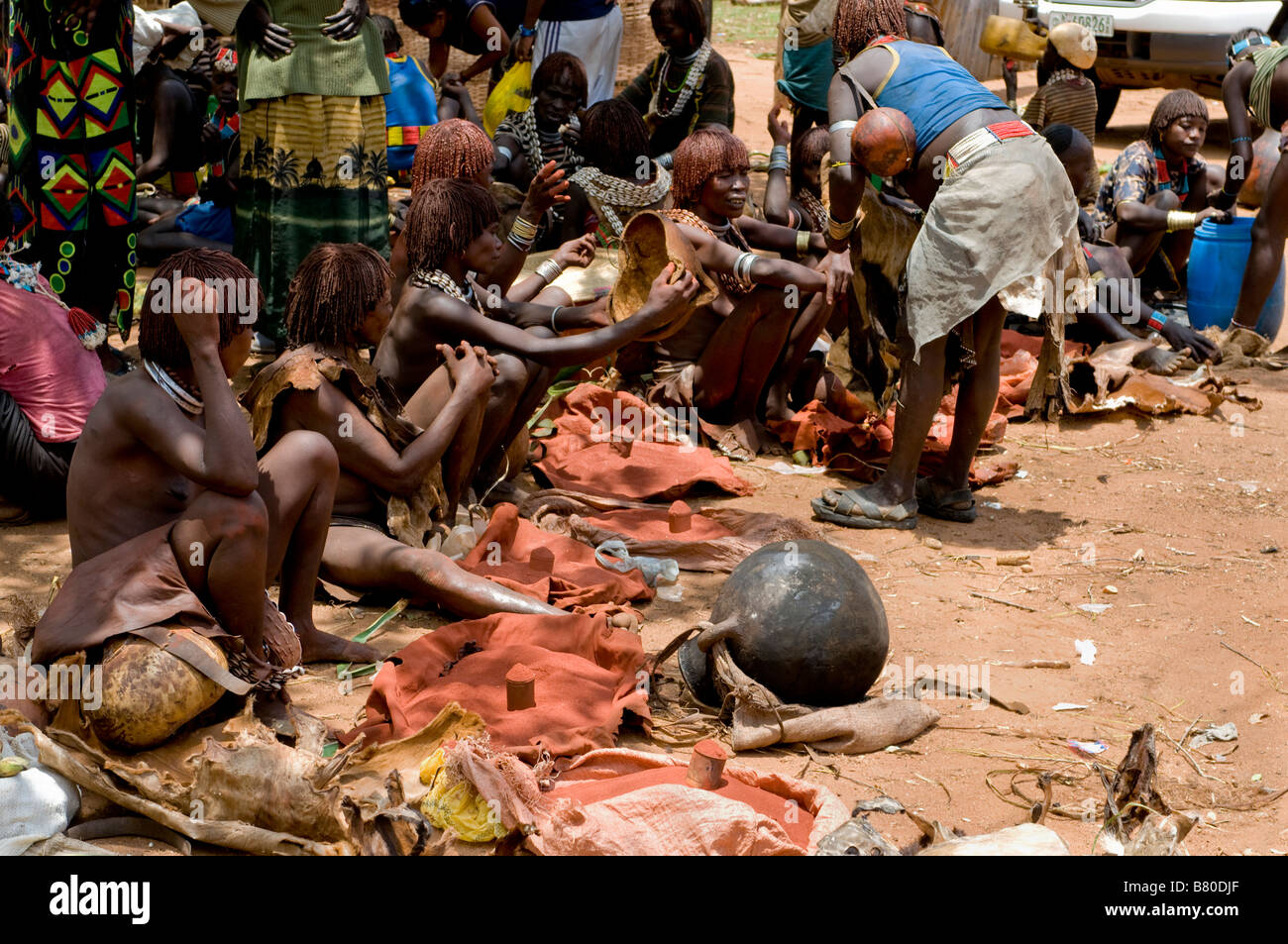 Local market with tribal women from the Hamer tribe Dimeka Omovalley Ethiopia Africa Stock Photo