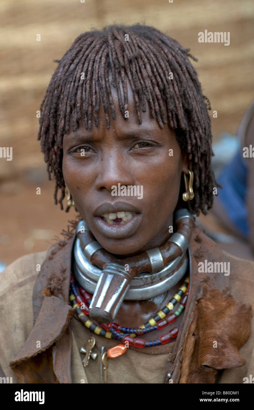 Portrait of a Hamer tribal women Dimeka Omovalley Ethiopia Africa Stock Photo