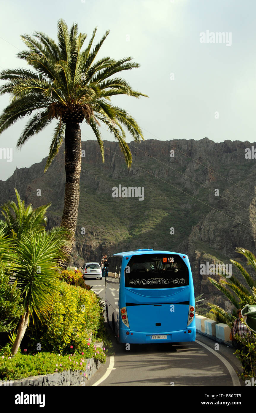 The small mountain village of Masca in the Teno massif Tenerife Canary Islands tourist buses hug the narrow road Stock Photo