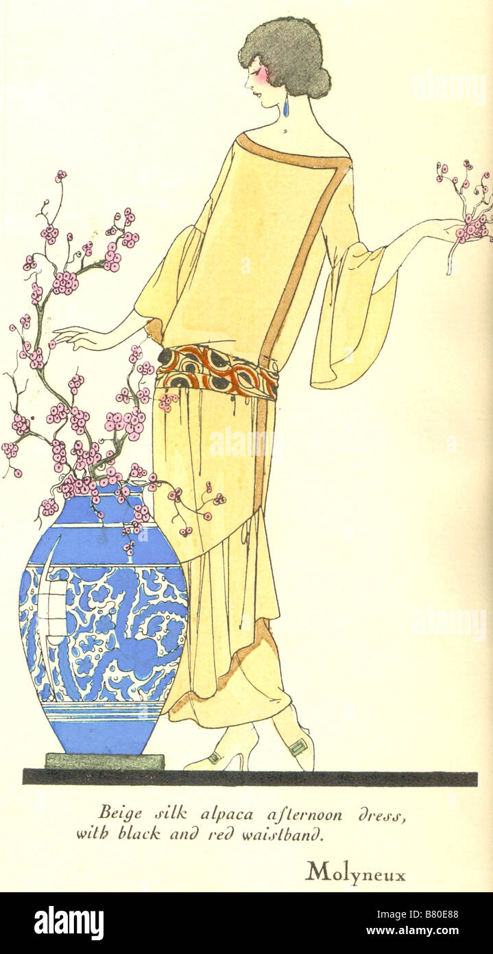 Handcoloured fashion plate from Art-Gout-Beaute for April 1923 showing couturier dress for afternoon by Molyneux Stock Photo