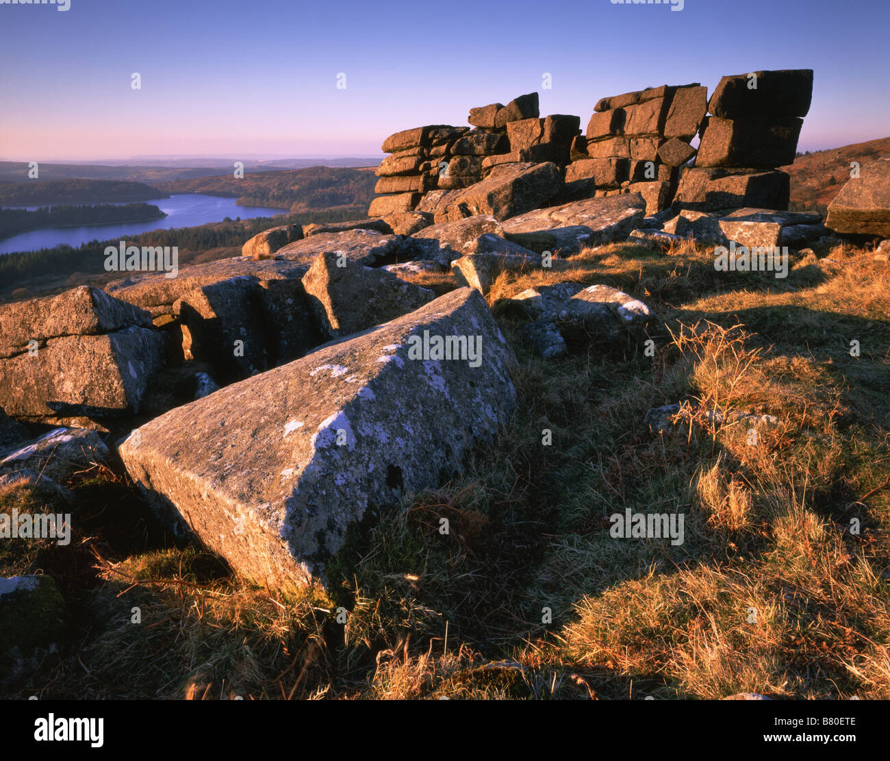 Leather Tor On Dartmoor With Burrator Reservoir In The Background Stock 