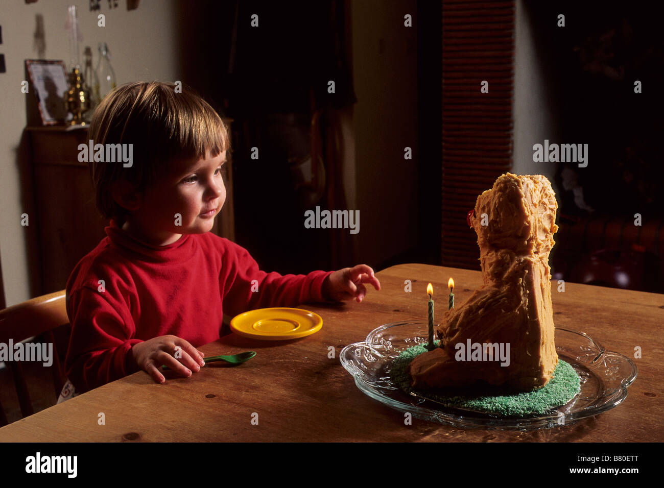 Little girl is two years old. Two candles and cake made into a bear