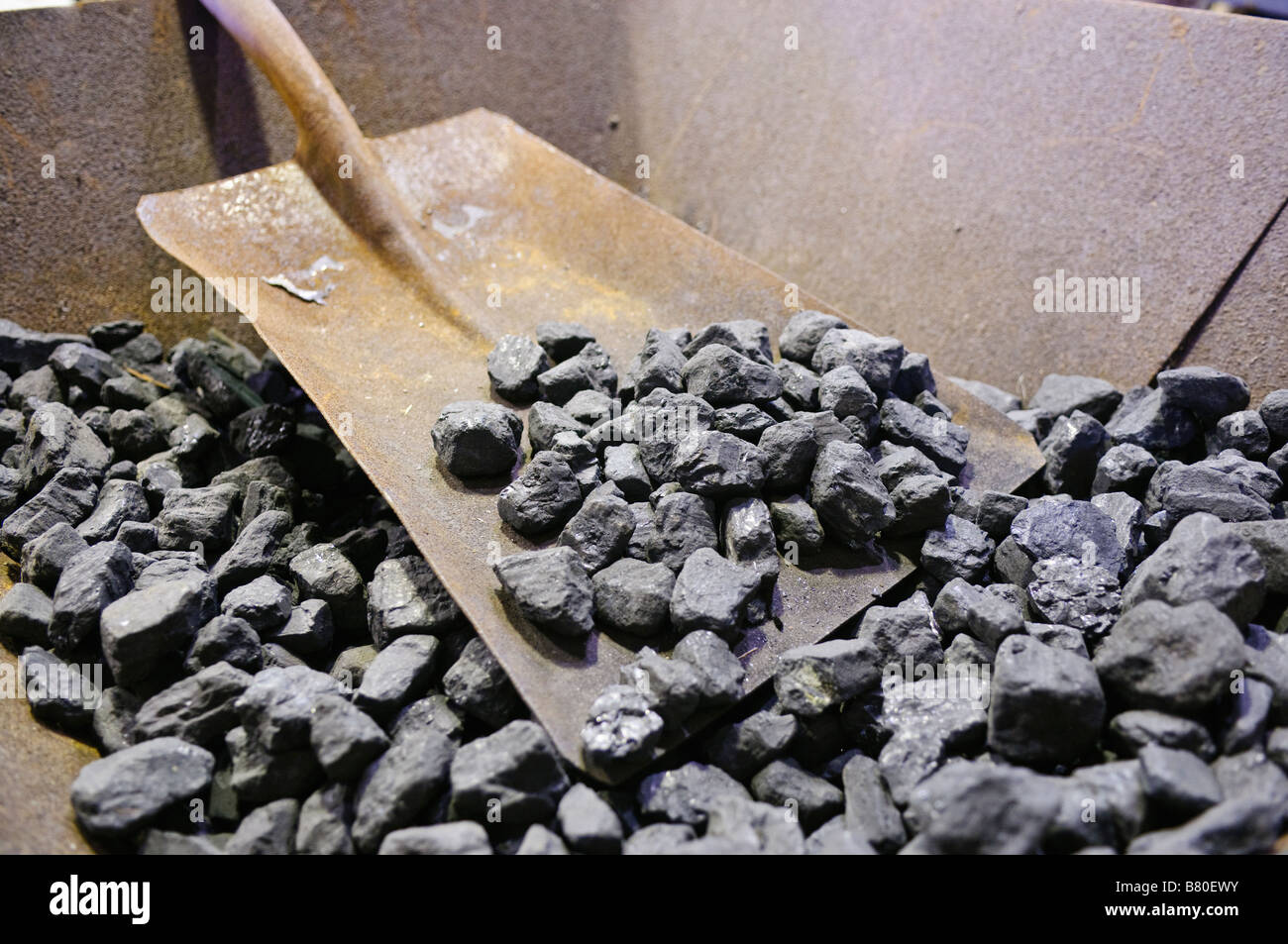 Shovel and coal in a wheelbarrow Stock Photo