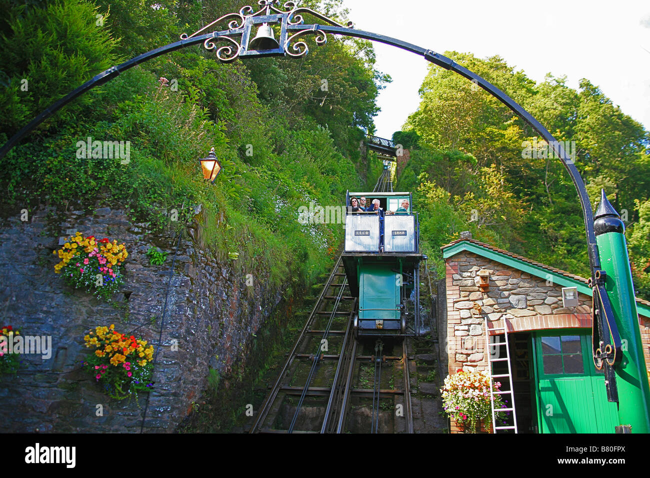 One of the cars on the Lynton & Lynmouth Cliff Railway arrives at Lynmouth in North Devon, England UK Stock Photo
