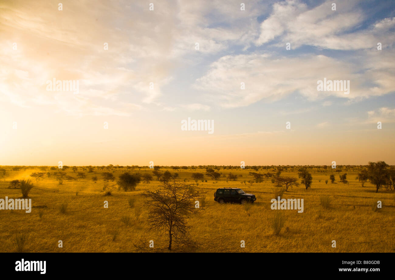 Safari truck exploring across open african savanna. Stock Photo