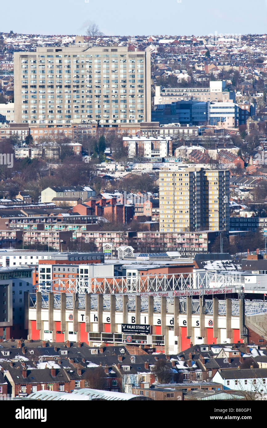 Sheffield United football club in the centre of Sheffield with the Royal Hallamshire Hospital in distance Stock Photo