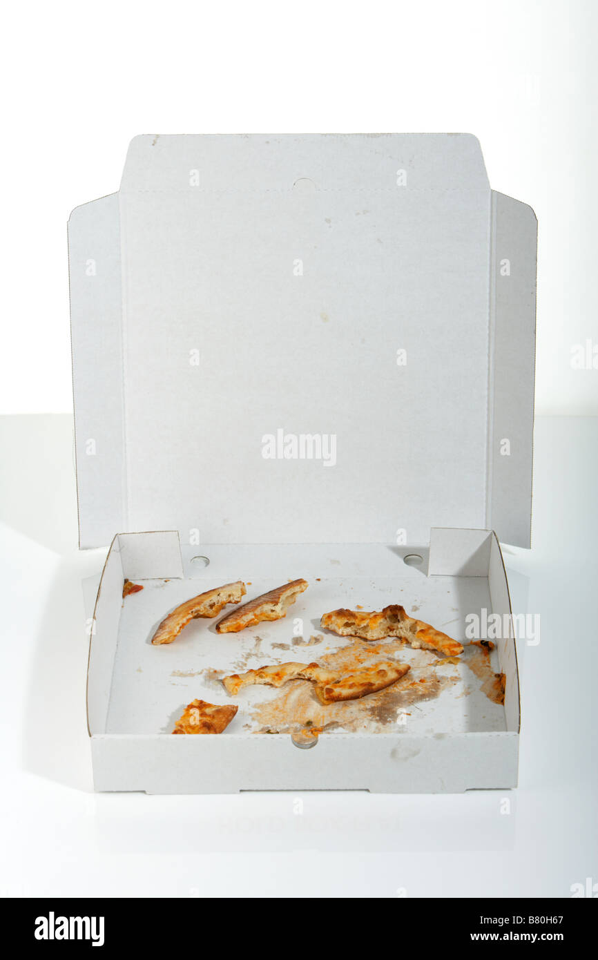 remains of eaten take away pizza crusts in an open pizza box on a white
