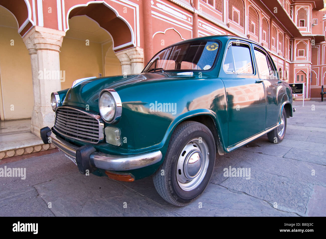 Green Hindustan Motors Ambassador Car, Formerly the Morris Oxford, at the City Palace Museum Jaipur, Rajasthan, India Stock Photo