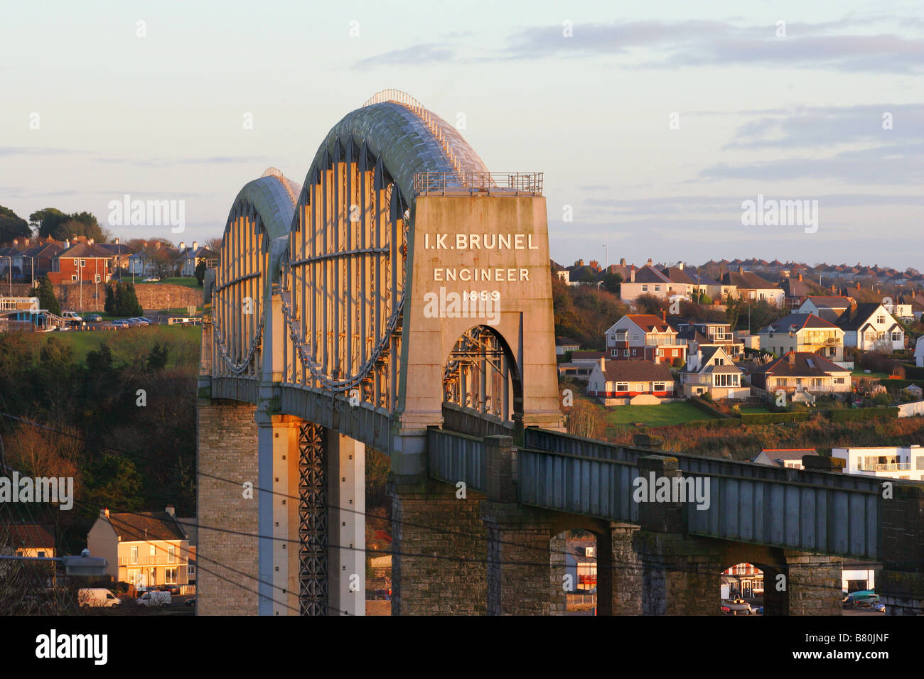 Brunel's Royal Albert bridge spanning the River Tamar and linking Devon and Cornwall at Plymouth. Stock Photo