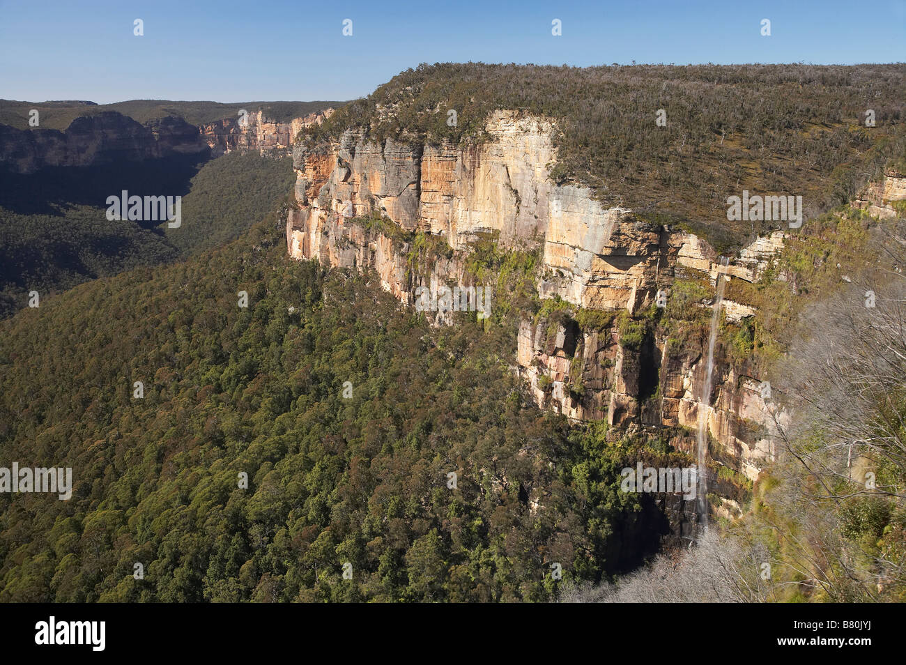 View of Bridal Veil Falls from Govetts Leap Lookout Blue Mountains New South Wales Australia Stock Photo