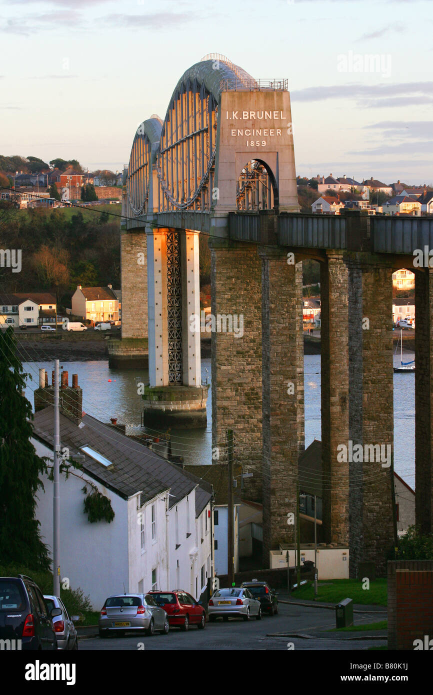 Brunel's Royal Albert railway bridge spanning the River Tamar and linking Devon and Cornwall at Plymouth. Stock Photo